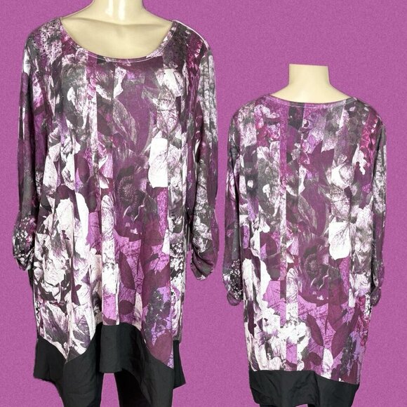 Style & Co +1X Purple Floral Scoop Neck Contrast Hemline 3/4 Ruched Sleeve Top - Picture 1 of 6